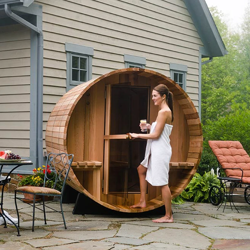 OEM Hot Selling Western Cedar Outdoor Panoramic Window Barrel Sauna 6 People Sauna Room
