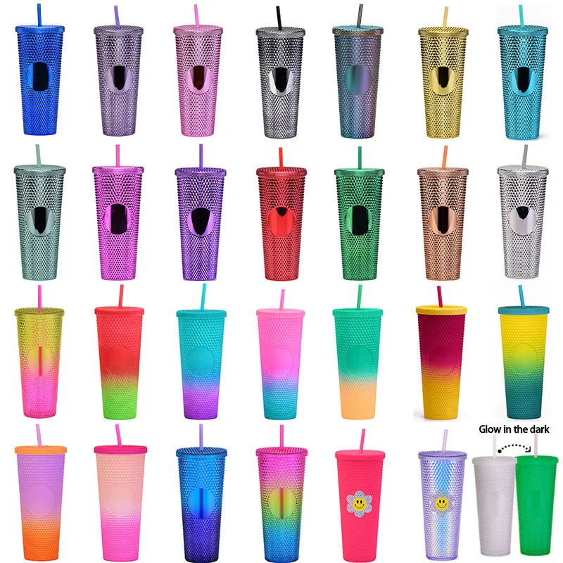Wholesale Large Capacity Tumblers Luminous Gradient Color Double-layer Plastic Tumblers with Straw Durian Cup