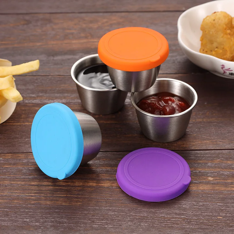 Leakproof Reusable 70ml 304 Stainless Steel Food Grade Sauce Cup with Silicone Lid Korean Seasoning Dipping Dishes