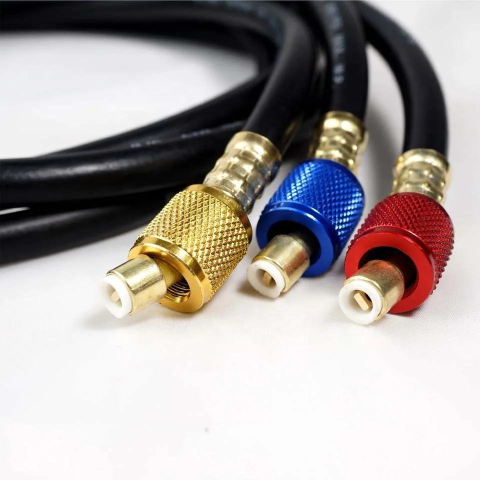 HVAC Refrigerant Black Rubber Charging hoses with 3 colors aluminium alloy connector for refrigerant charging.