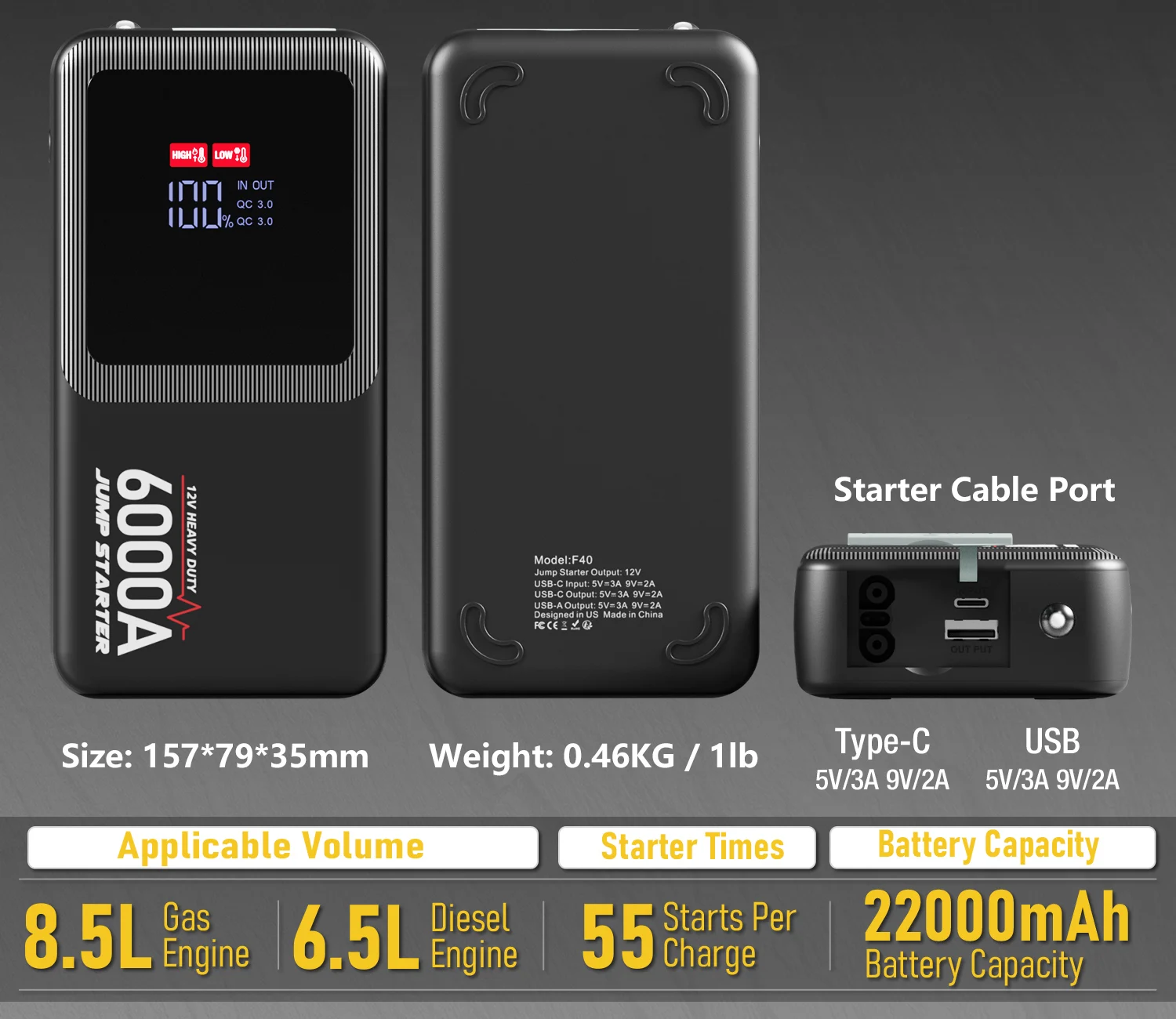 12v 22000mAh 6000A High Power Car Jump Starter Power Bank / Multi-Function Portable Lithium Battery Booster Car Starter