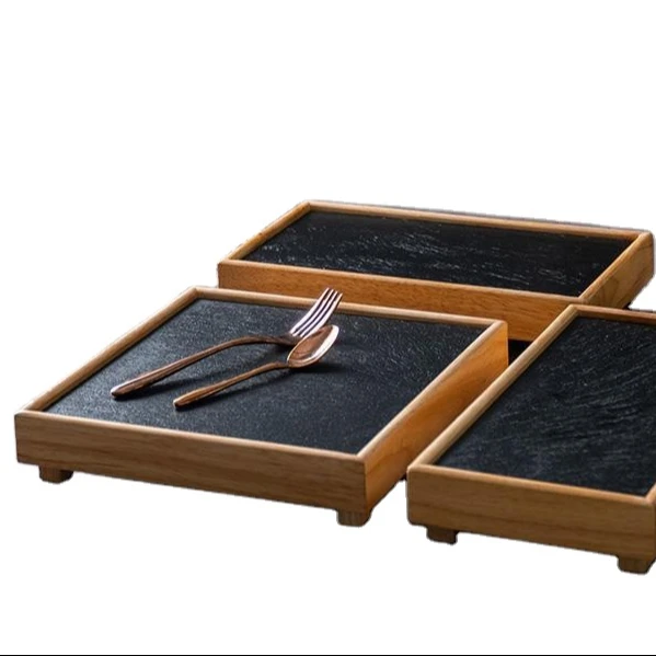 Wooden Steak Cutting Board Serving Platter with Slate Stone for BBQ Grill with Handles Meat Charcuterie Board with Juice Groove