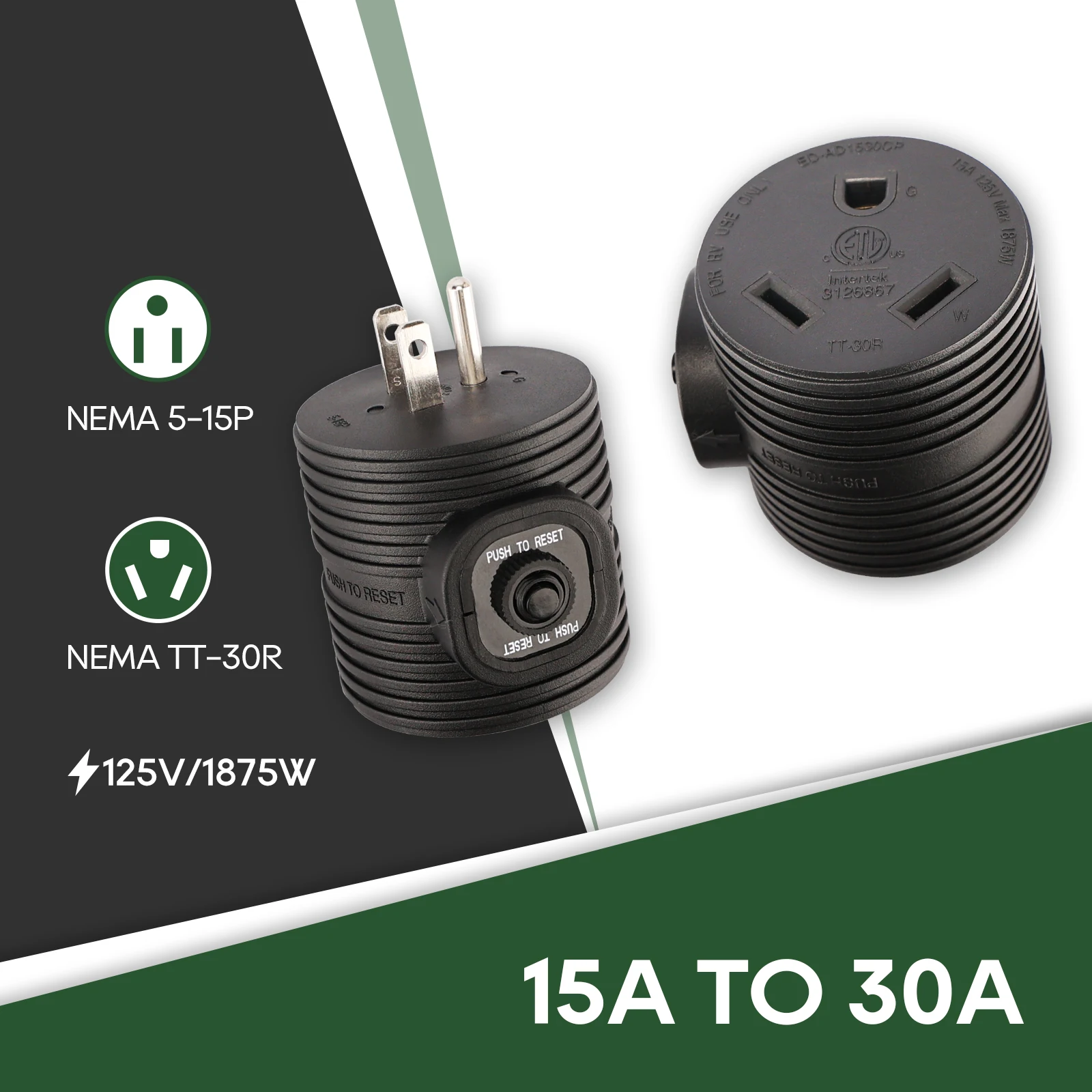 NEMA 5-15P to TT-30R ,15 Amp Male to 30 Amp Female RV Adapter Plug with Circuit Breaker,ETL Listed