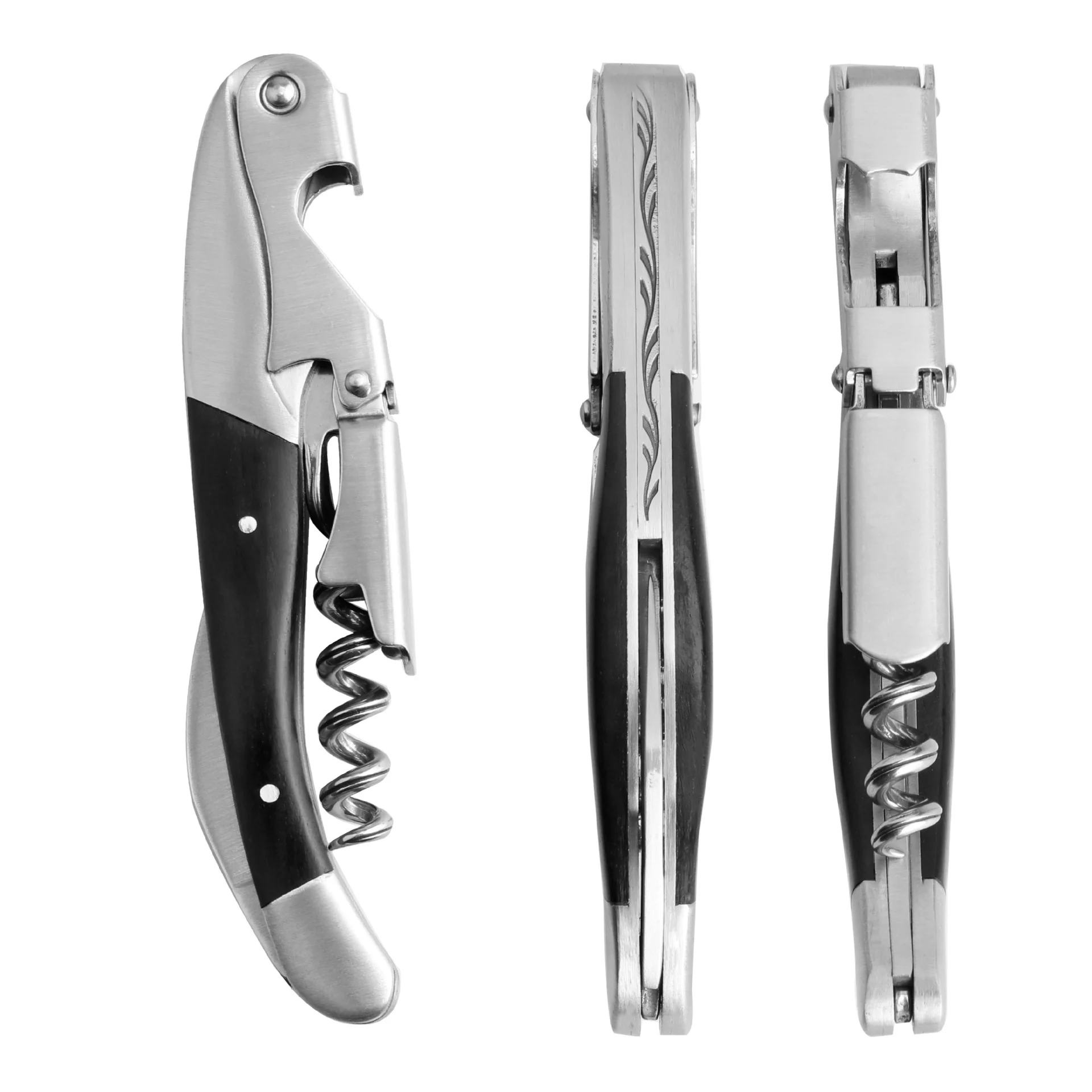 French Style Premium Stainless Steel Black Wood Inlay Corkscrew Wine Opener