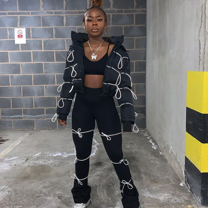 Fashion Ladies High Waist Reflective Ropes Pants Black Flared Bottom Trousers
