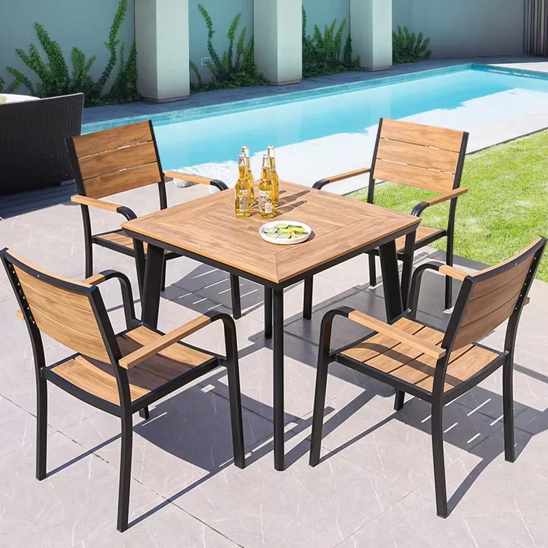 TG Modern Design Outdoor Garden Dining Set Waterproof Wood and Plastic Stack Chairs with a Colorful Wood Table