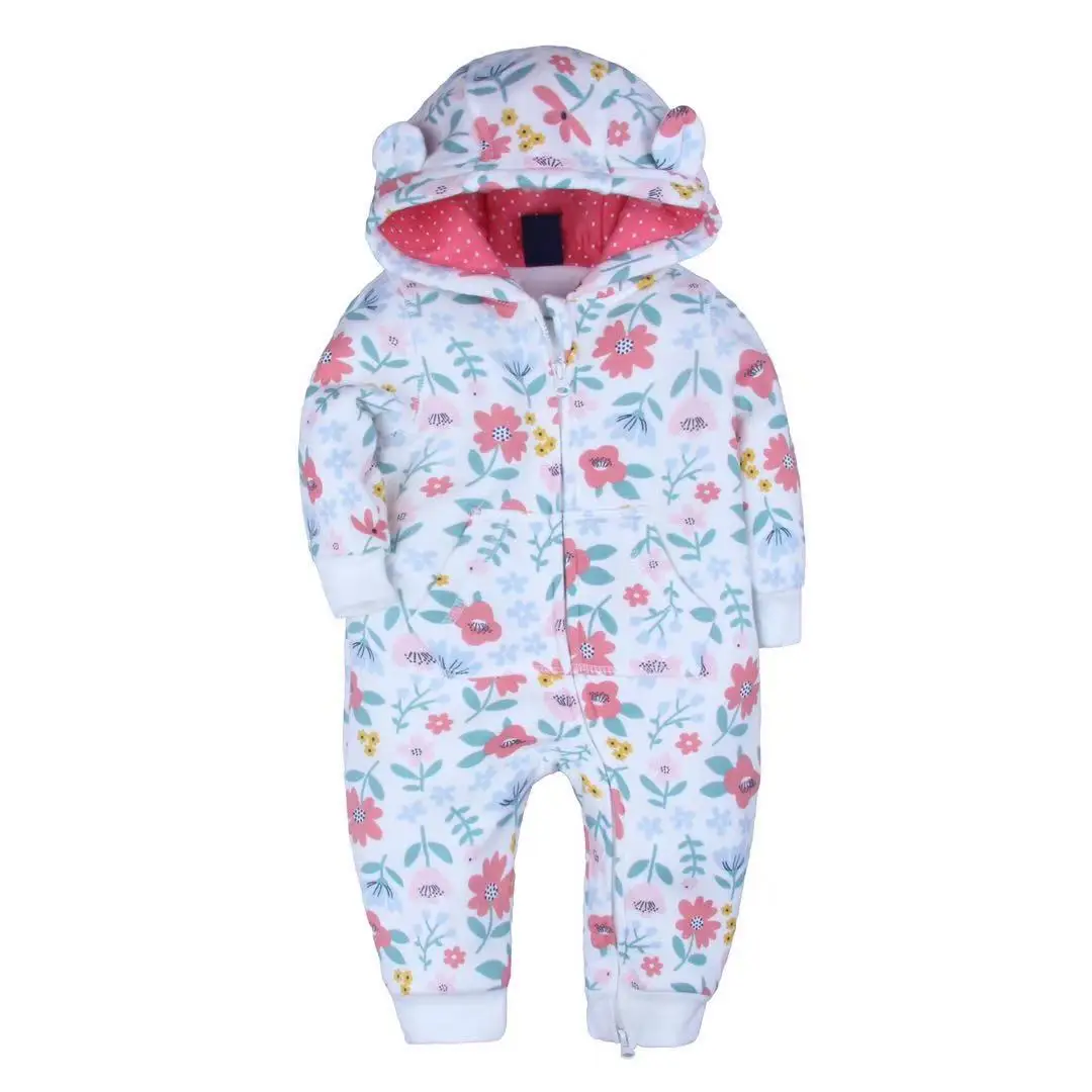 Hot sale China winter baby cotton romper printed cartoon double layers hoodie newborn baby romper