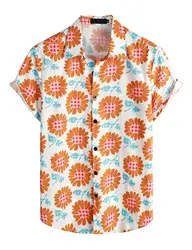 Custom OEM Sunflower Left And Right Symmetry Mens 100% Cotton Hawaiian Shirts Casual Aloha Beach Shirts