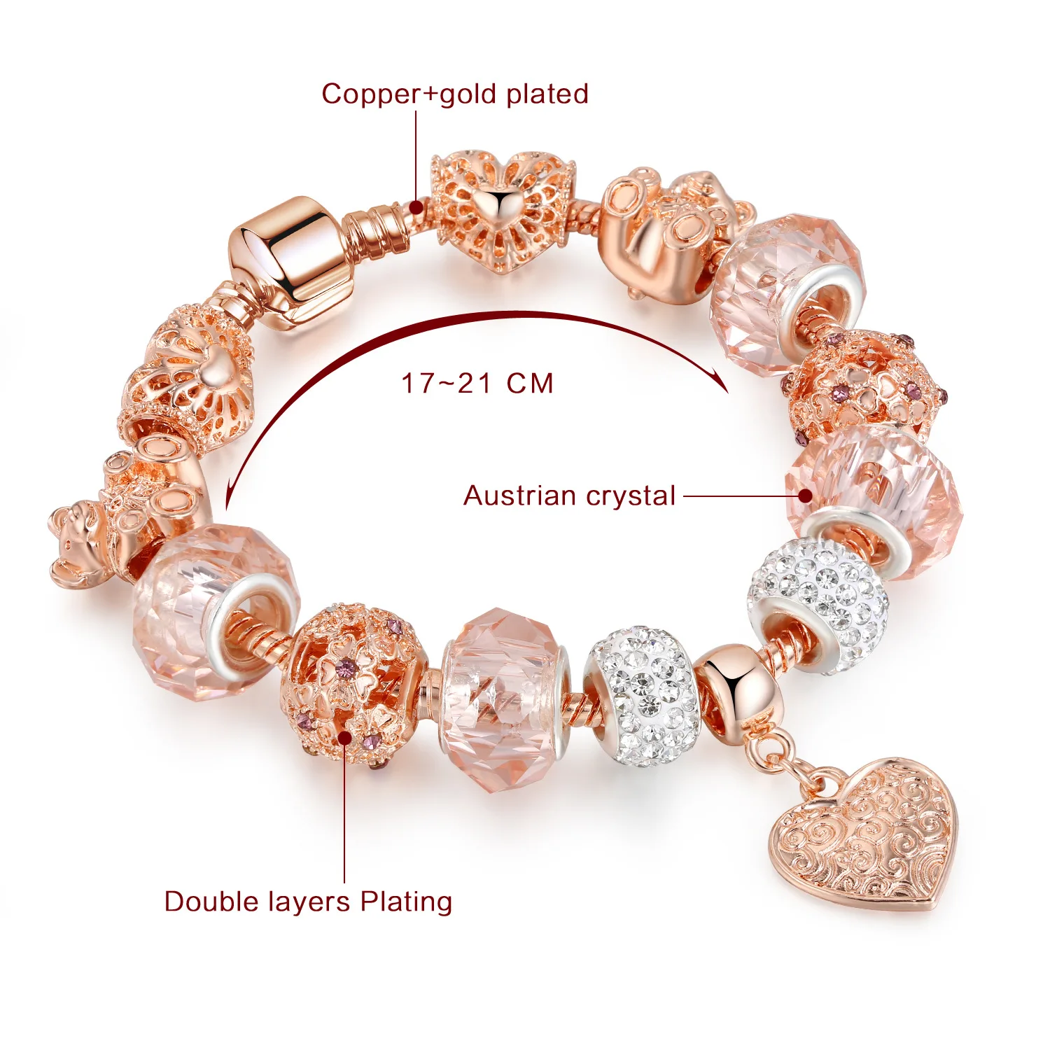 HOVANCI hot selling jewelry DIY charm bracelet crown heart woman rose gold diamond bracelet with charms bracelet