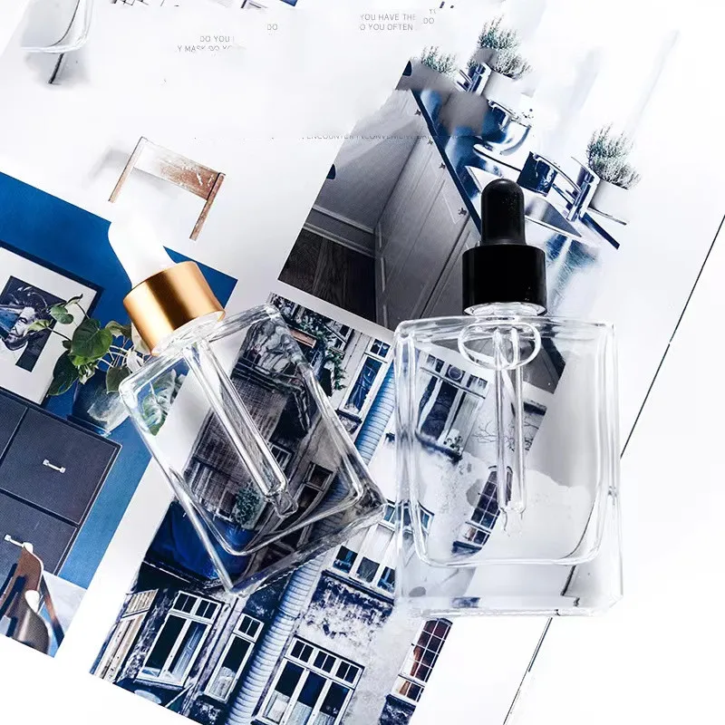 15ml 30ml 50ml 100ml clear square glass dropper bottle  / perfume glass bottle with gold silver top cap