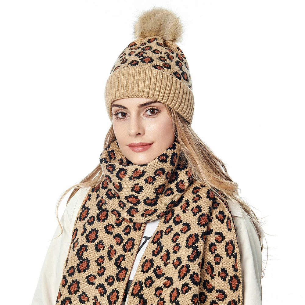 Women Winter Warm Classic Knitted Leopard Beanie Hat and Scarf Set  Removable Pompom Ball Hat with Scarf