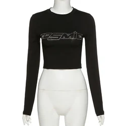 Wholesale Custom Logo Bling Fashion Long sleeve Vintage Women Rhinestone Crop Top T-Shirt