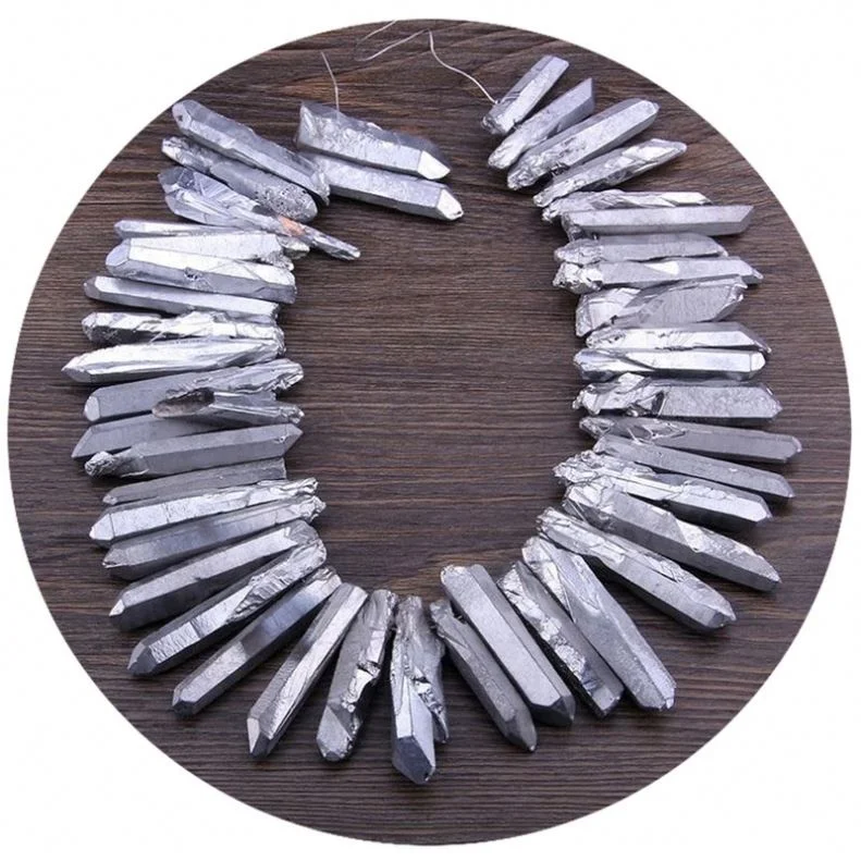 Rough Silver Raw Crystal Points Aura Titanium Quartz Bulk Top Drill Quartz Point Matte Graduated Stick Beads 5-10mmX40-50mm