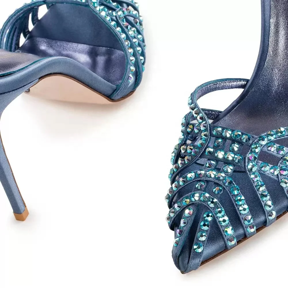 Ladies sandals summer blue satin ladies pumps 2022 sexy diamond pointed toe ankle strap heeled sandals