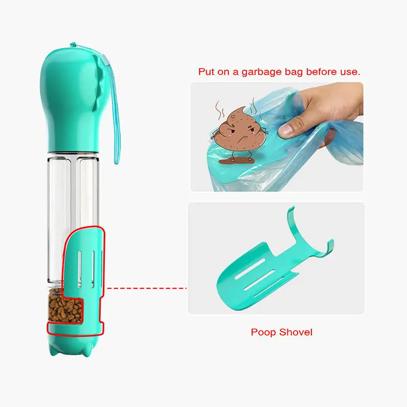 2023 Hot Seller Portable Multi-Function Recycled Water Food Bottle Dispenser Dog Bowl Smart Drinker Pet Feeder With Poop Bag