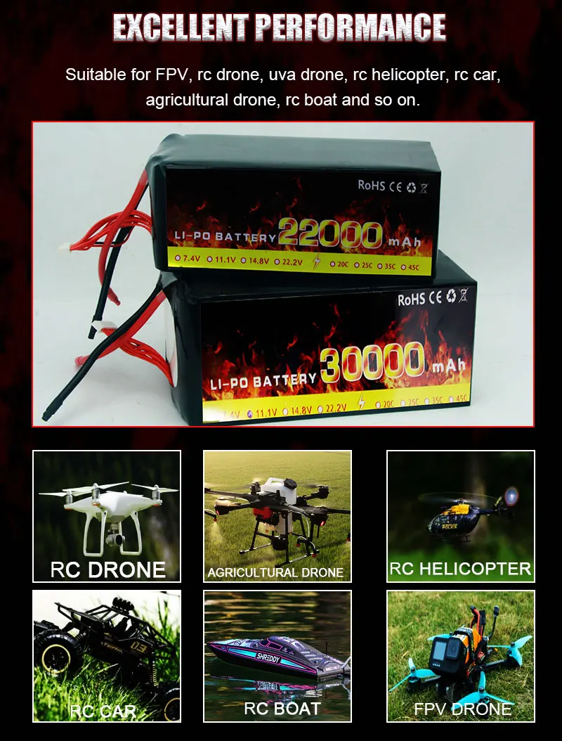Deep Cycle Solid State Lipo Battery 12S 44.4V 22000MAH 5C FPV Battery Drone Batteries for Agriculture Drone