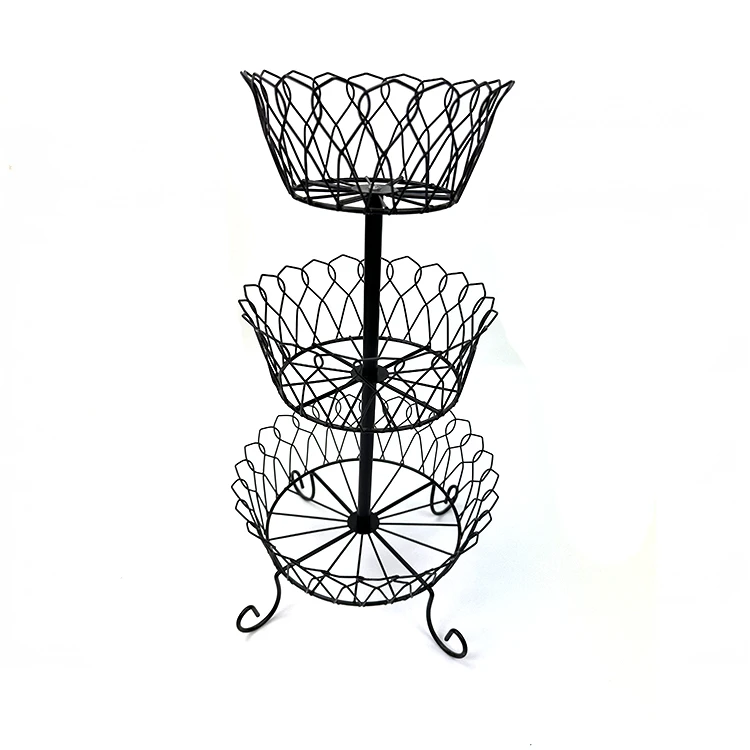 New style Kitchen black metal wire stand fruit basket 3 tier holder storage organizer for living room