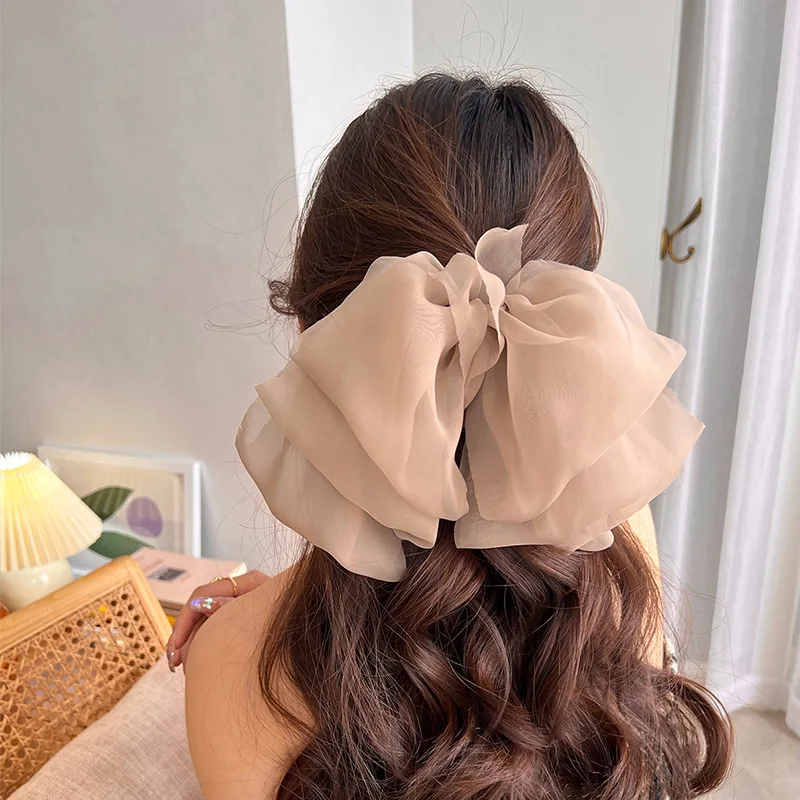 New Women Large Hairpins Summer Chiffon Big Stain Hair Bow Barrettes Women Solid Color Ponytail Clip Hair Accessories