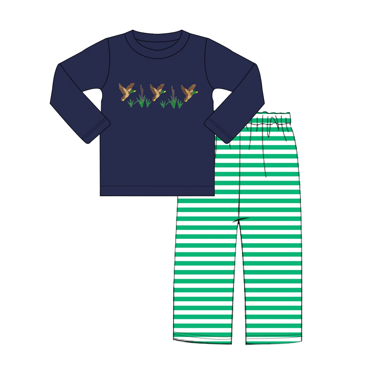 2024 popular children clothes wholesale kids embroidered outfit hunting mallard duck patch baby girls clothing sets
