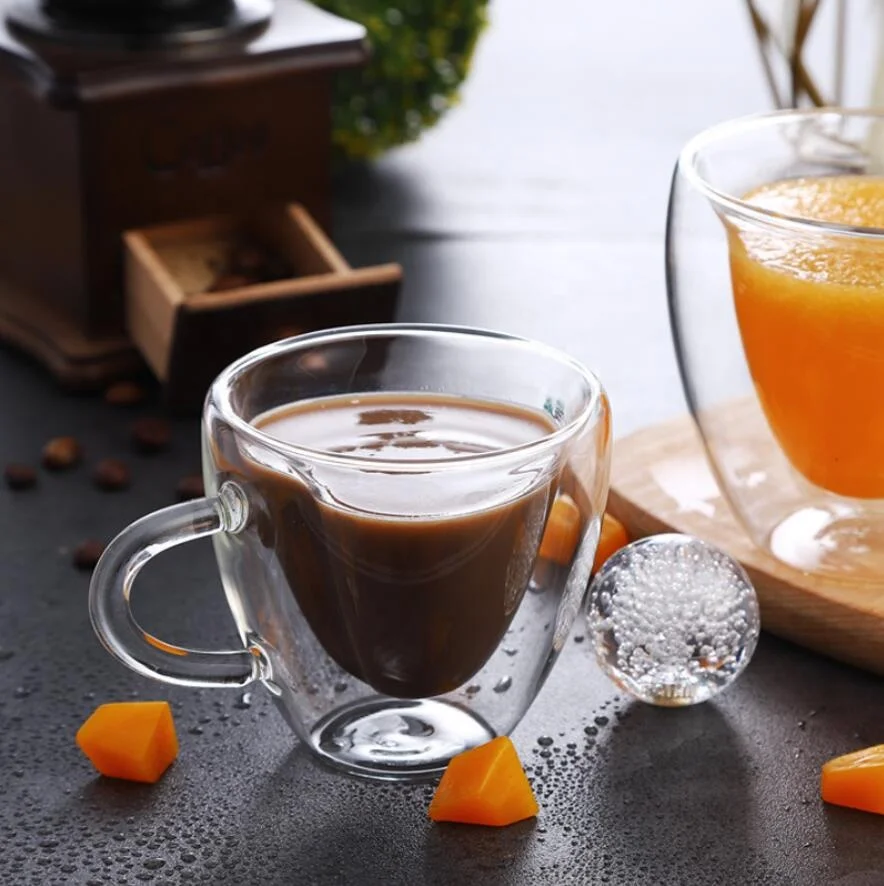 Manufacturer high borosilicate 180ml 6oz double wall glass cup heart love shaped glass coffee tea cup heart glass mug