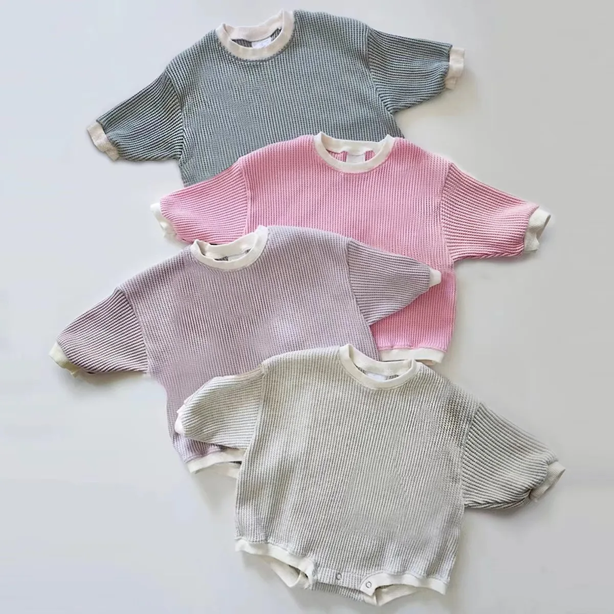 Wholesale Bubble Waffle Ribbed French Terry Baby Romper Sets Long Sleeve Onesies for Infants Casual Cotton Fall/Winter Outfits