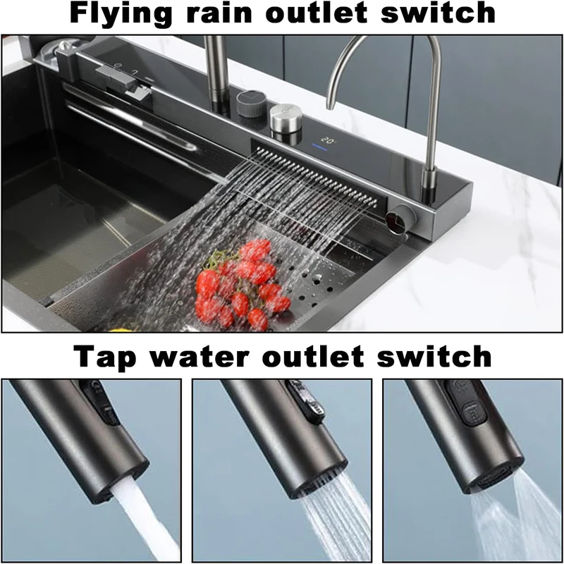 Kitchen Sink Single Bowl Handmade Sink Anti-Scratch Waterfall Faucet with Cup Washer and Digital Display