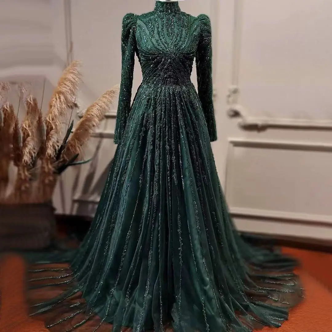 2022 Green Muslim Long Sleeve Heavy Beading Ball Gown Full Covered A Line Evening Dresses