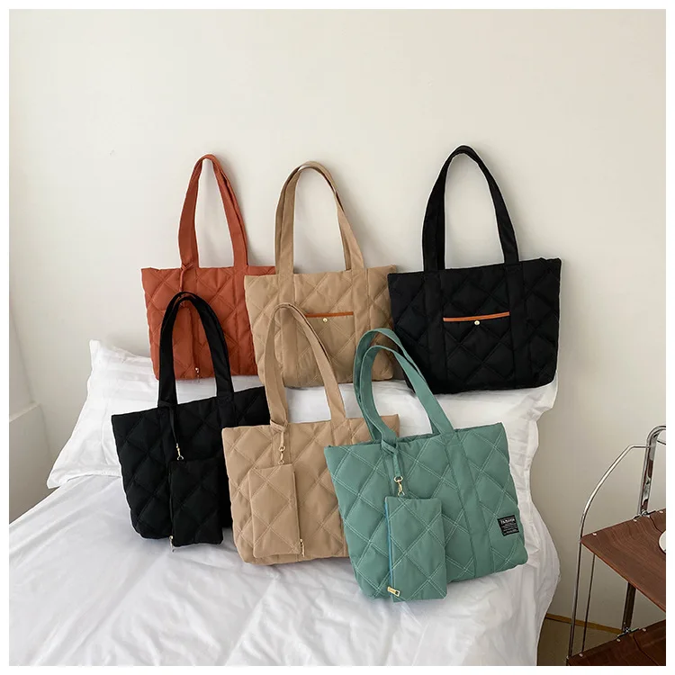 Fashion custom logo quilted polyester padding tote handbag women shopping bag sets with coin purse