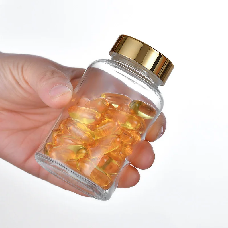 wholesale wide mouth capsule pill glass bottle health care product container clear frosted vitamin medicine screw aluminum lid