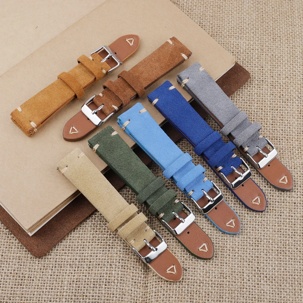 Suede Leather Watch Strap 18mm 19mm 20mm 21mm 22mm 24mm Grey Vintage Band Replacement Wristband Handmade Stitching Watchband