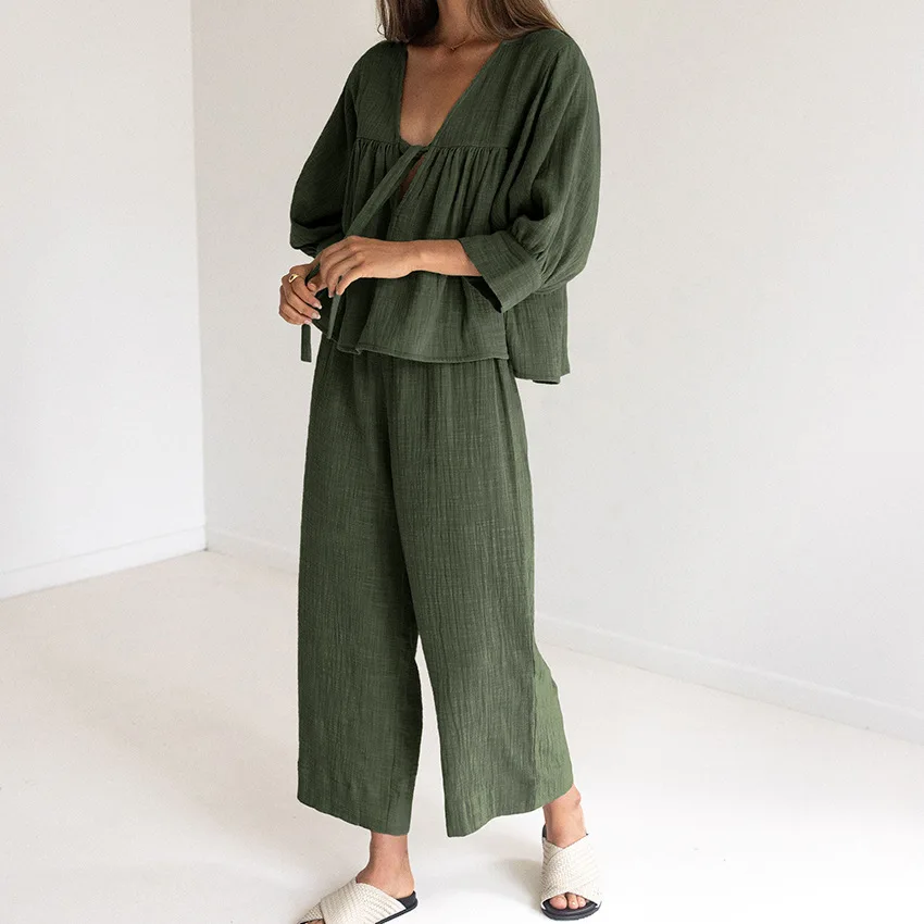 New Double layer Crepe Pajamas Set V-neck French Loose Comfortable Long-sleeved Sleepwear Pure Cotton Home Clothes Set Female