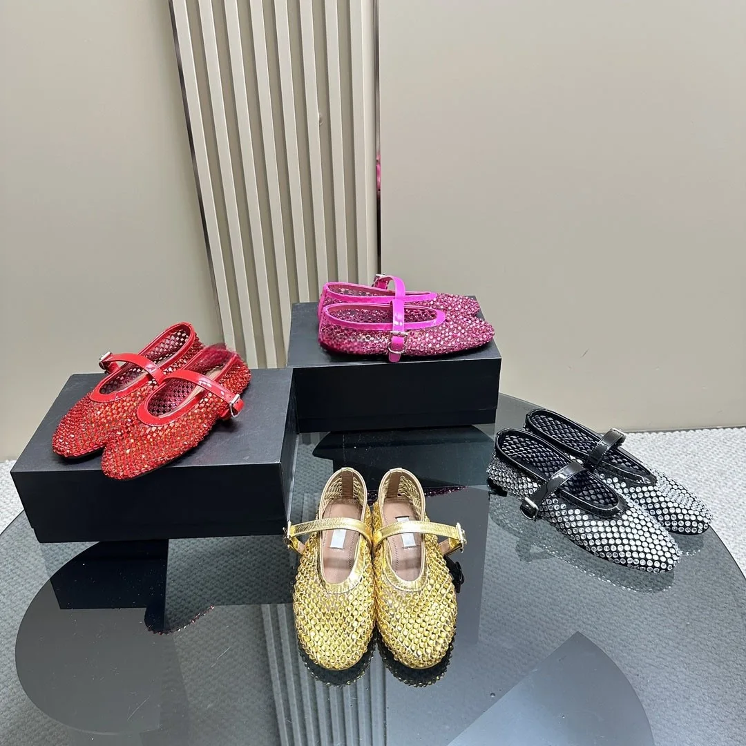 2024 Wholesale Handmade Luxury Red pink Rhinestone Punk Rivet Mesh Women Round Toe Fashion Silver Mary Jane Flats