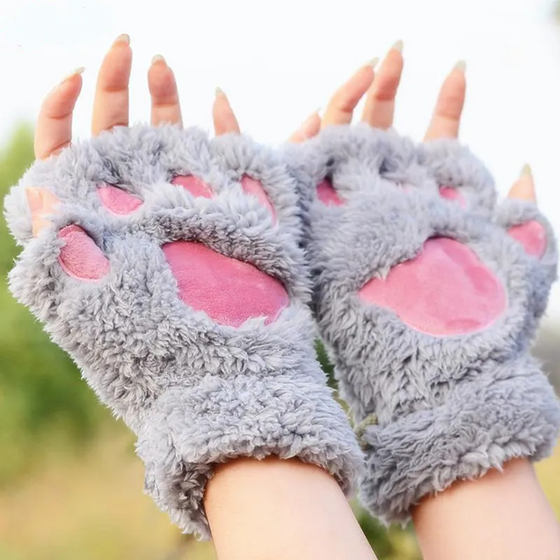 Fashion Women Girl Lovely Winter Cute Mitten Soft Half Finger Gloves Warm Paw Cat Claw Plush Fingerless Gloves