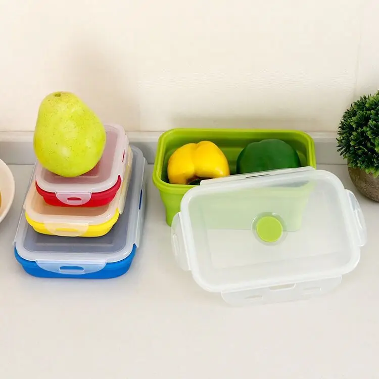 Portable Collapsible Leakproof Silicone Folding Bento Lunch Box Container With Cutlery For Kids Office Worker Adult Children