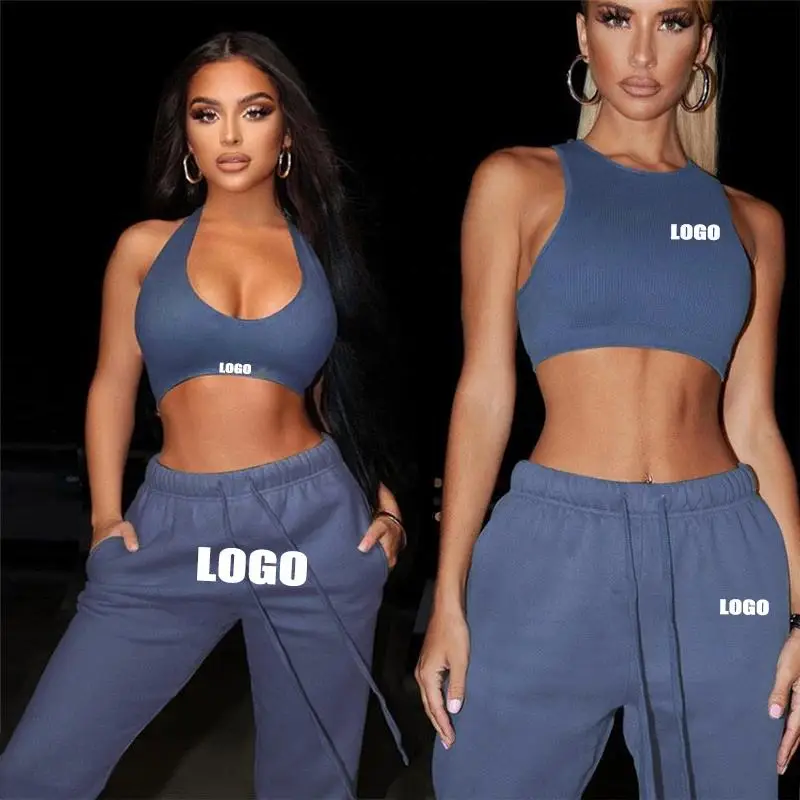 2023 Oem Women Halter Yoga Crop Top Sports Bra And Pants Gym Fitness Sets Casual Trousers Workout Sets