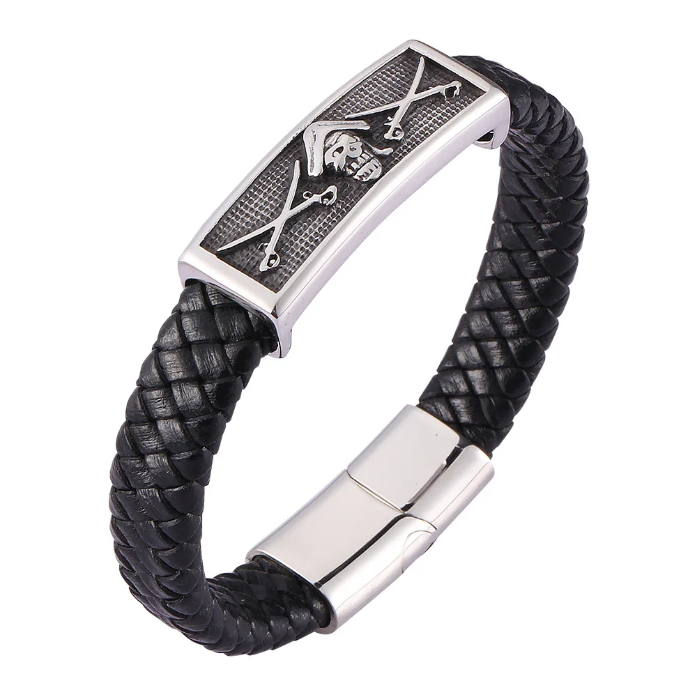 Wholesale Stainless Steel Pirate Sword Charm Magnet Clasp Braided Genuine Leather Bracelet For Men