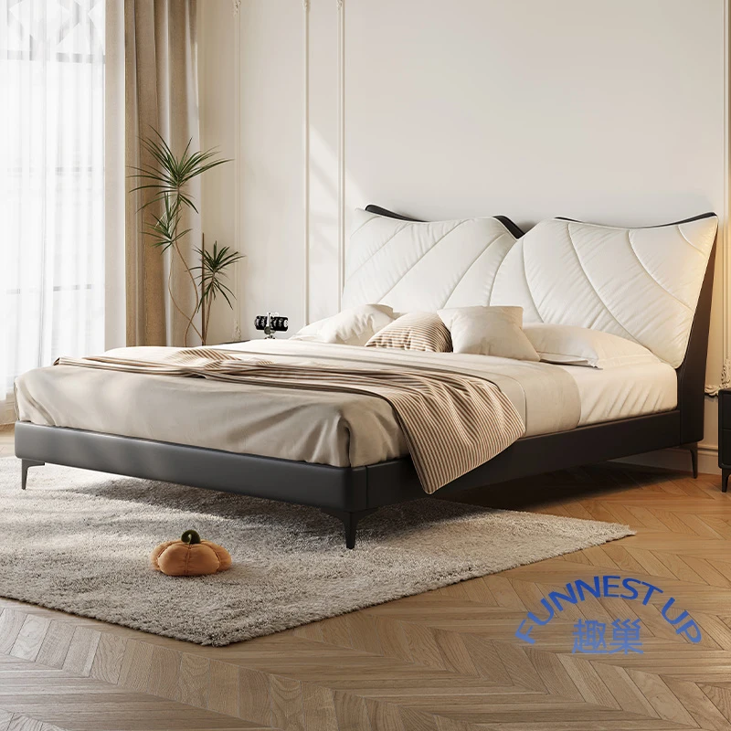 Italian minimalist luxury leather bed frame headboard cowhide bed room set storage puff soft bag leather bed frame king