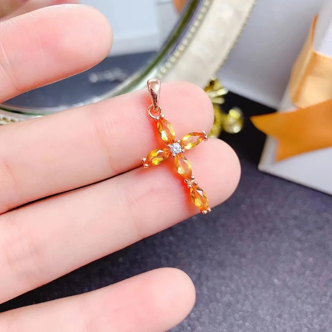 Low MOQ 925 Sterling Silver Natural Citrine Dainty Cross 3mm*6mm Basketball Pendant Necklace