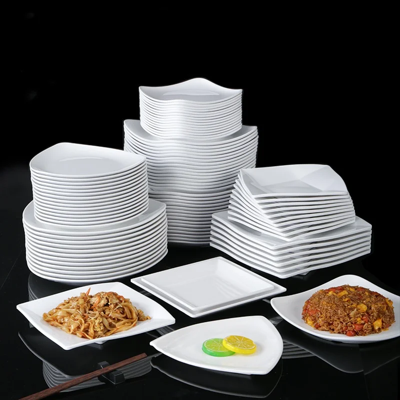 Wholesale Kitchen Dinnerware Set Plates Square Dishes Bowls Service Plates White Melamine Tableware