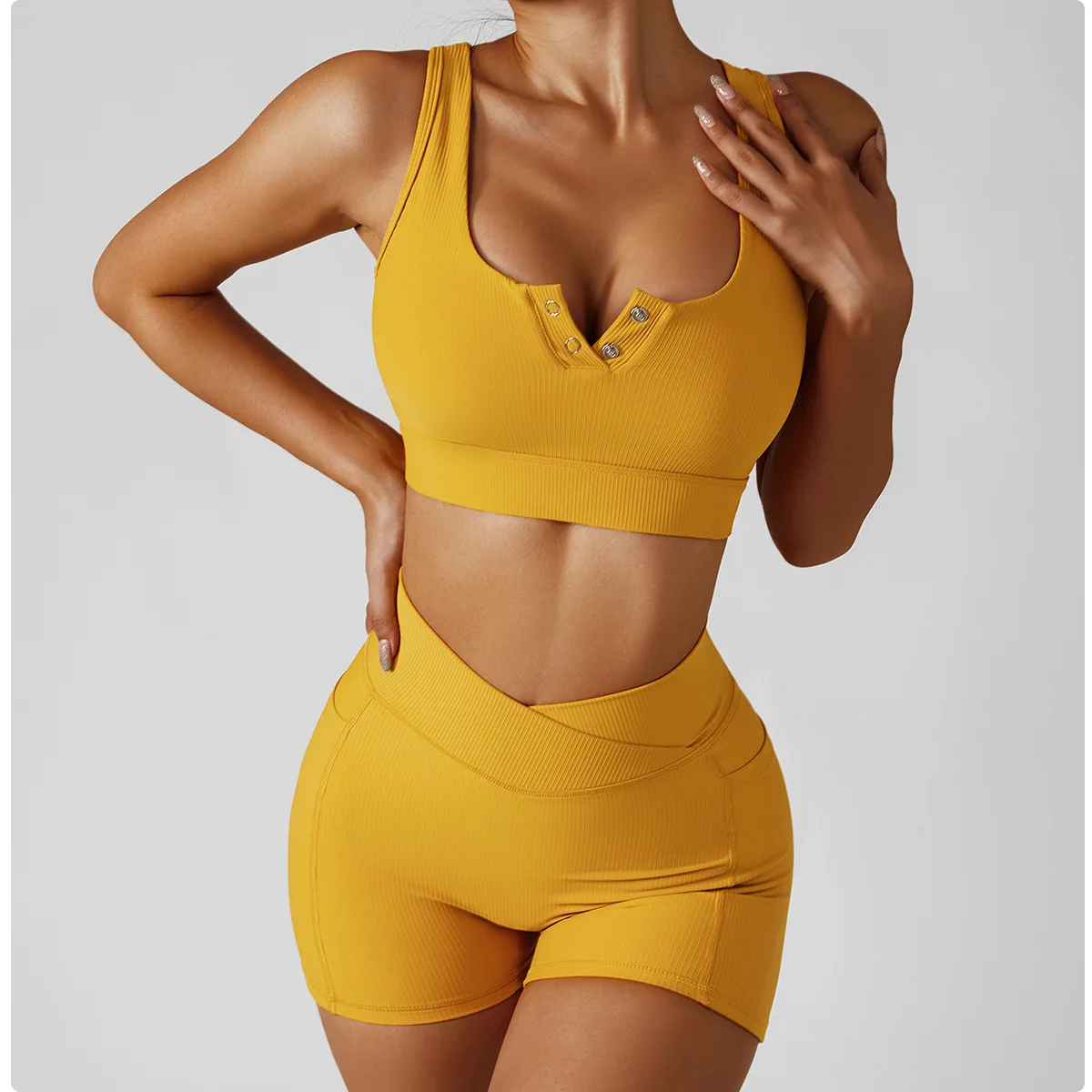Pashasunshine Front Button Crop Top Shorts Sets Ribbed Seamless Fitness Wear Plain Workout Bra V Shorts Sets Yoga Wear