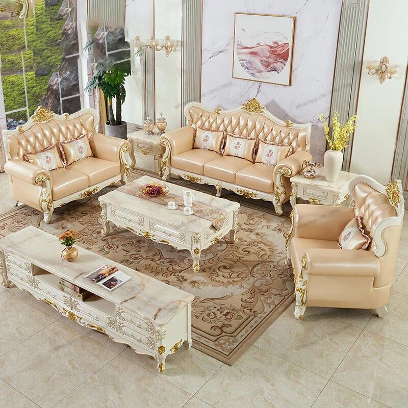 Комбинированный кожаный диван в европейском стиле для гостиной 1234 Вилла из массива дерева резная простая европейская роскошная мебель высокого класса