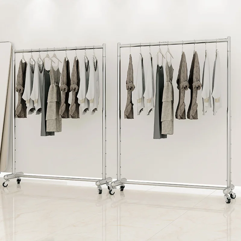 Wholesale Stainless Steel Movable Metal Clothing Garment Hanger Display Stand Clothes Rack For Clothing Store With Wheels