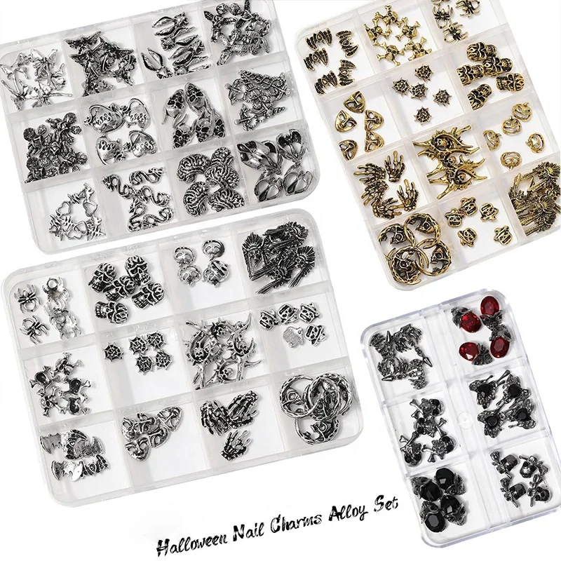 Halloween Spider Plated Red Rhinestone Metal Heart Bat Ghost Hand Claw Skull Alloy 3D Decoration Halloween Nail Art Charm