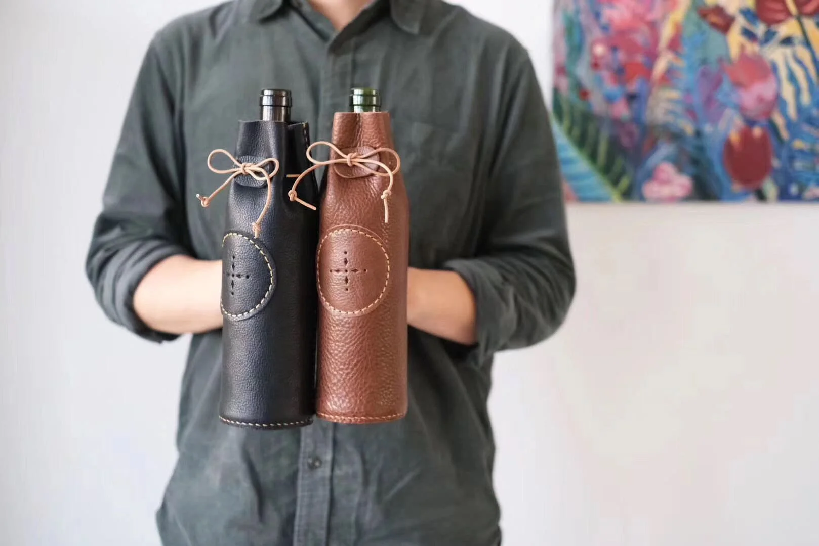 Vintage wine holder genuine leather bottle holder custom wine gift bags