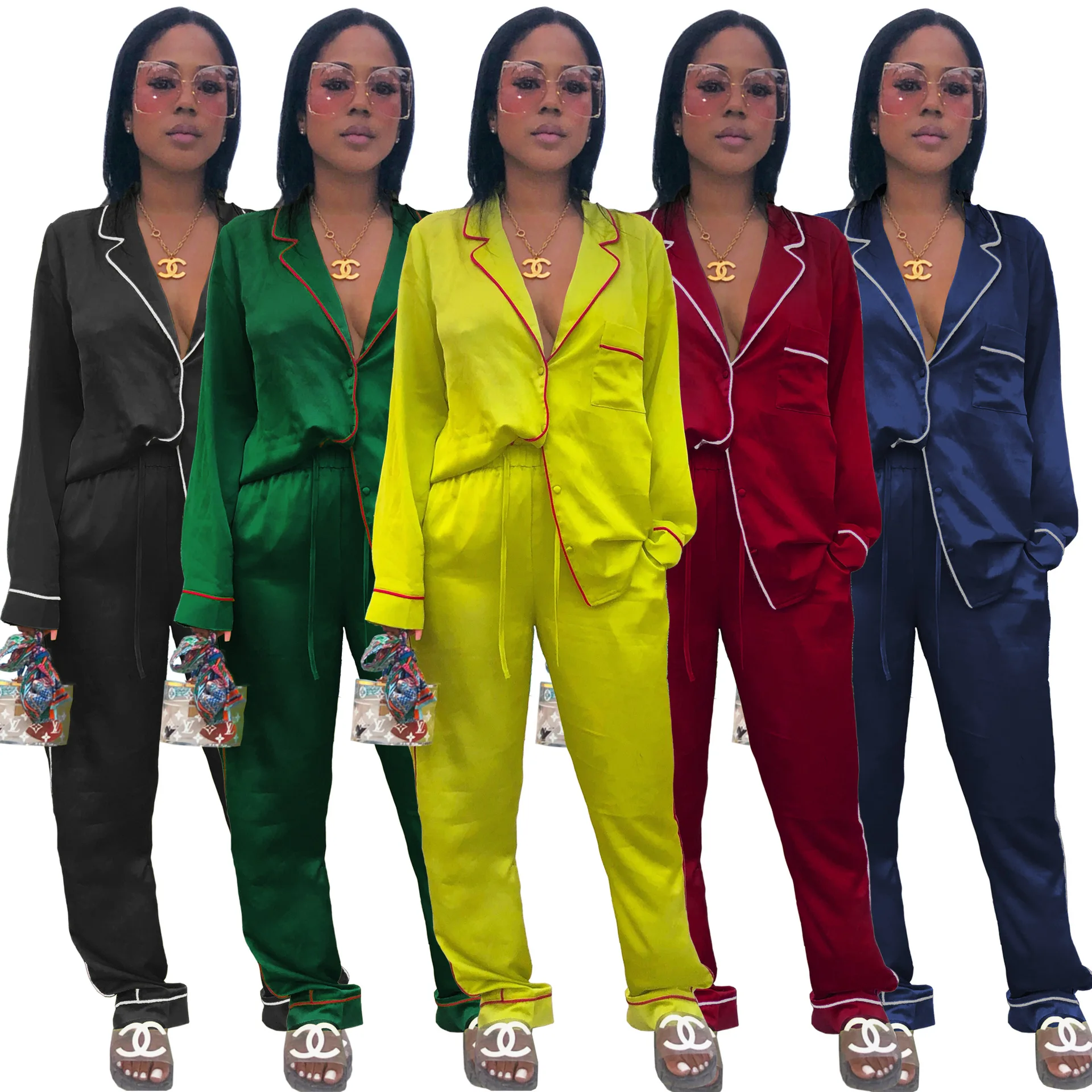 Pajamas Sets Women Fall 2 Piece Sets Sleepwear Winter Ice Silk Long-sleeved Cardigan Suit Plus Size Thin Women Sleepwear