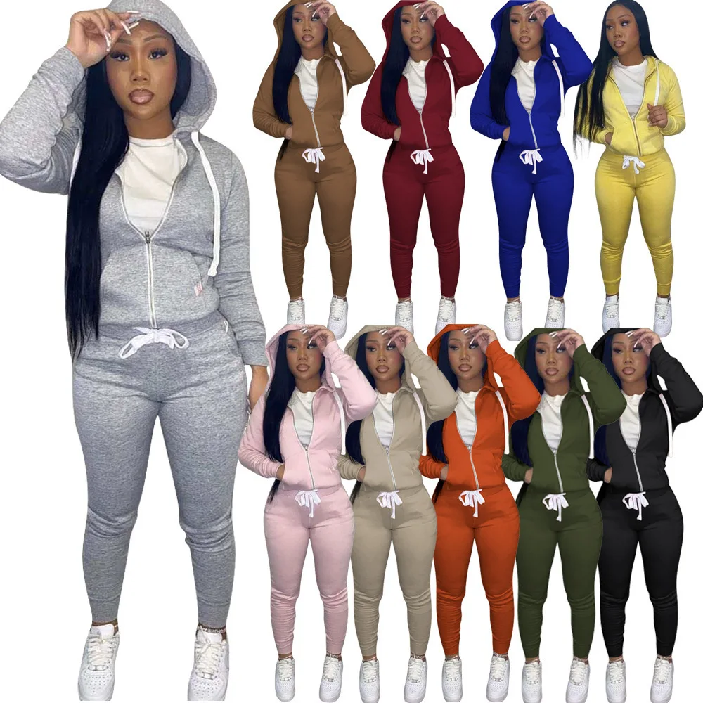 2022 Custom Logo Fleece Sweatsuit 2 piece set women sweat suits joggers pants Cardigan Hoodie Women Sweatsuit Set Tracksuit