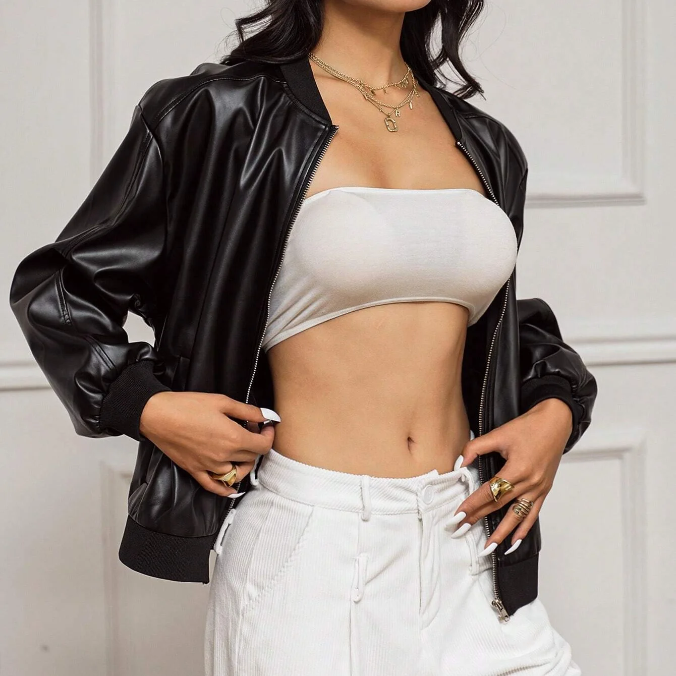 Street Wear Ladies Casual Drop Shoulder Zip Up Motorcycle PU Leather Jacket