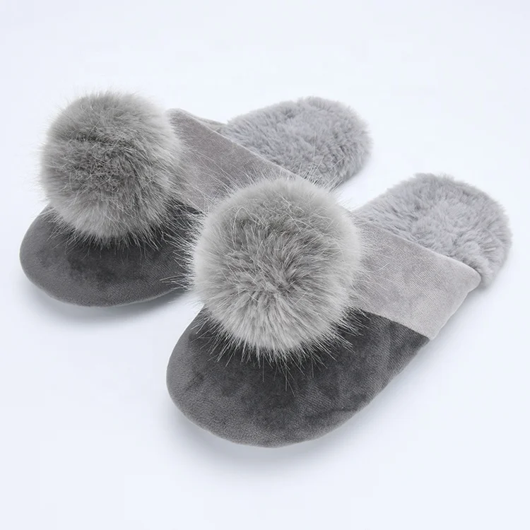 Good Price Lady Cozy Velvet Fluffy Pom Pom Ball House Bedroom Winter Slippers with Flat Slide