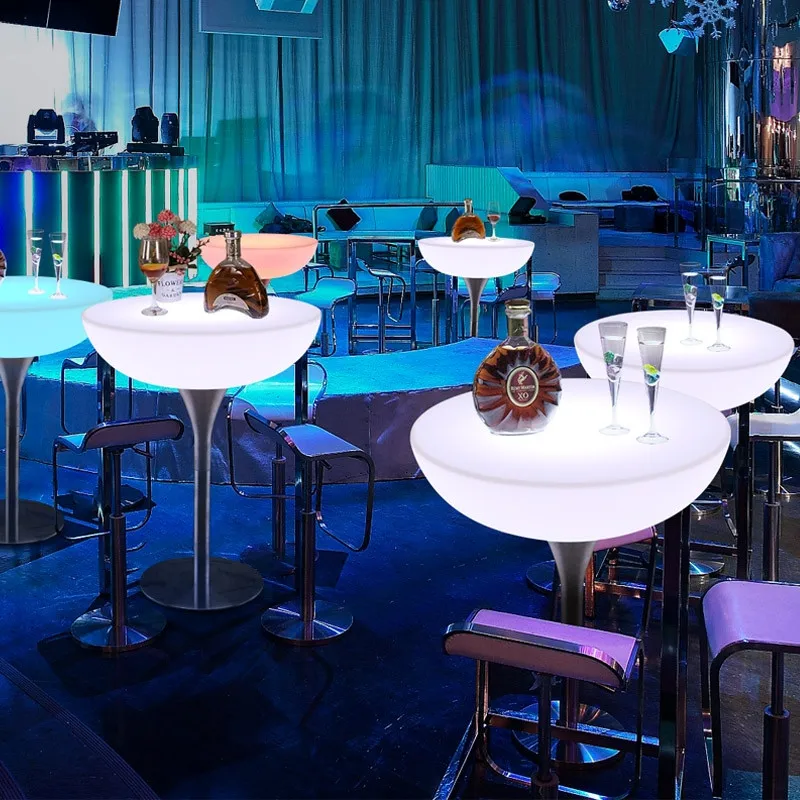 Portable remote control rgb color illuminated high bar cocktail table, night club patio bar table