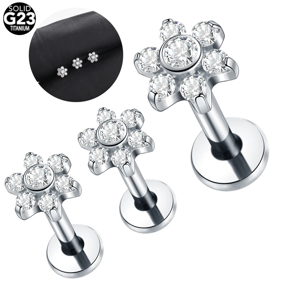 ASTM F136 Titanium 16G Internally Threaded Flower Zircon Labret Piercing Ear Stud Tragus Body Piercing Jewelry